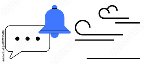 Notification, communication, alerts, messaging apps, warning systems, media signals. A message bubble with a bell overlay and abstract signal lines. Notification and communication concept