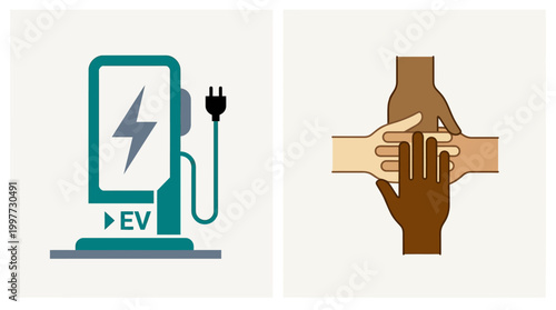 A person holds hands with a symbolic electric vehicle charger.