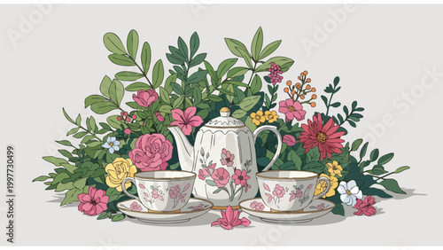 Elegant Floral Teapot & Cups Set for Afternoon Tea Party Decor & Invitations