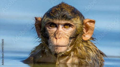 Close-up of a wet monkey's face emerging from water, with intense, observant eyes