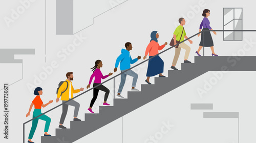 People climbing stairs together in a building with a railing for support and safety