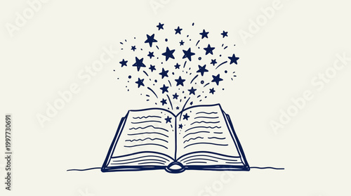 An open book emits stars from its pages in a magical scene
