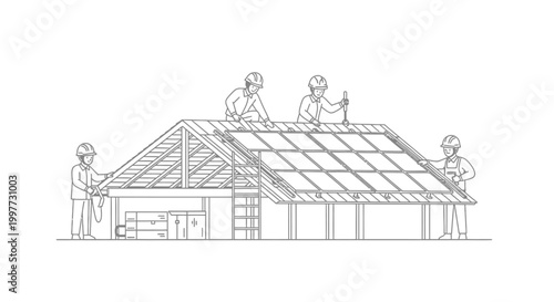 Solar Panel Installation on House Roof Line Art Illustration – Workers Installing Photovoltaic System for Renewable Energy and Sustainable Home Construction