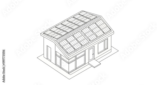 Isometric Line Art Illustration of a Modern Eco-Friendly House with Solar Panels on the Roof for Sustainable Energy and Green Living Architecture