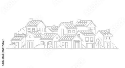 Eco-friendly neighborhood with solar panels on house roofs, minimalist line art illustration of a sustainable suburban community