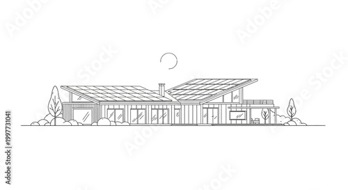 Modern Sustainable House Line Art Illustration with Rooftop Solar Panels - Minimalist Eco-Friendly Architecture Sketch