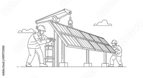 Engineers Installing Solar Panels Line Art Illustration - Renewable Energy and Sustainable Construction Concept Vector