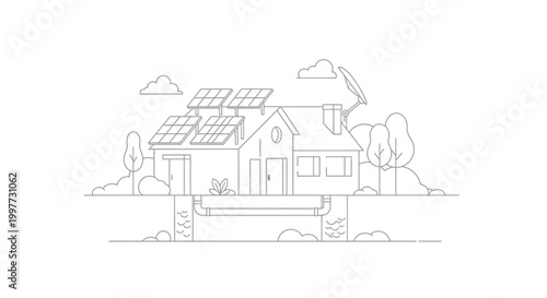 Eco-Friendly Sustainable House Line Art Illustration Featuring Solar Panels and Geothermal Energy System for Green Living Concept