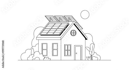 Solar House Line Art Illustration - Eco-Friendly Sustainable Home with Solar Panels on Roof - Clean Energy and Green Living Concept Drawing