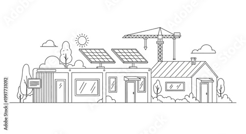 Sustainable Modular House Construction Line Art with Solar Panels and Crane - Eco-friendly Prefab Home Architecture Illustration