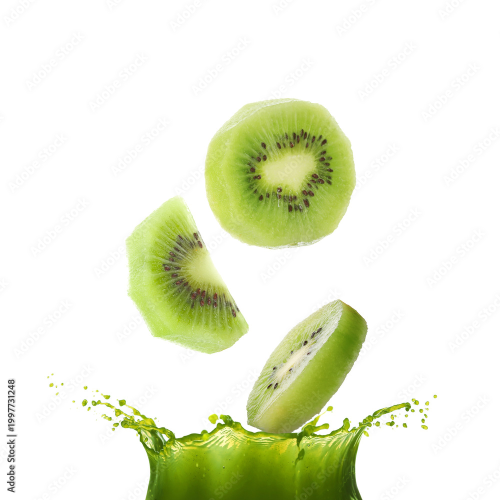 Fototapeta premium Fresh kiwi pieces falling into splashing juice on white background