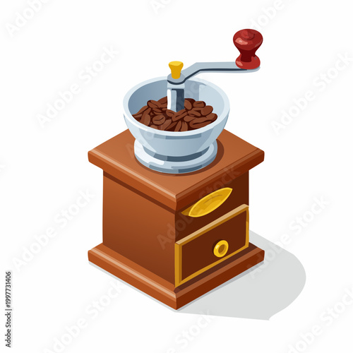 Isometric coffee grinder with beans on wooden block
