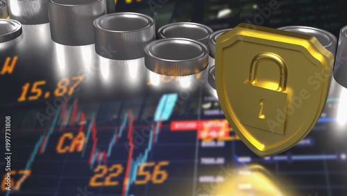 Secure Financial Protection Concept with Lock and Coins 3d render.