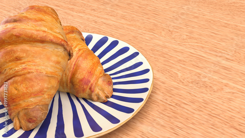 Fresh Croissant Breakfast on Plate with Wooden Table Background 3d render.