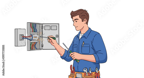 Professional electrician repairing fuse box with sparks
