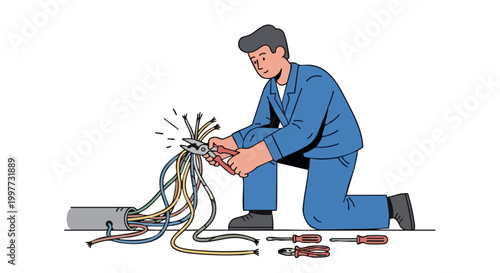 Male electrician in uniform cutting colorful wires with pliers illustration
