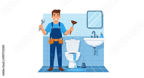 Smiling cartoon plumber holding tools in bathroom with overflowing toilet