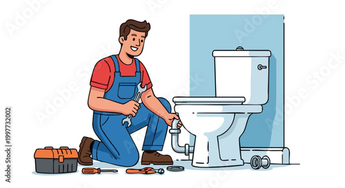 Smiling plumber cartoon character fixing toilet with wrench. Vector illustration of handyman at work providing professional plumbing service