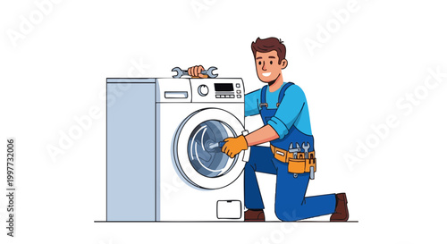 Smiling plumber handyman character fixing washing machine. Cartoon vector illustration of repair service
