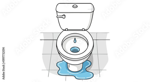 Leaking toilet illustration with water puddle on tiled floor