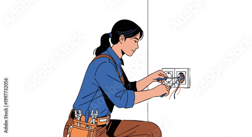Woman electrician repairing wall outlet with screwdriver. Vector illustration of female technician working with electricity and tools