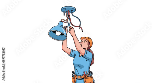 Woman electrician installing ceiling lamp fixture. Female worker in hard hat with tool belt doing electrical work