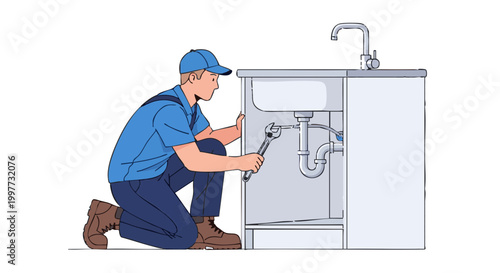 Plumber in uniform fixing sink pipe with wrench. Vector illustration of handyman at work