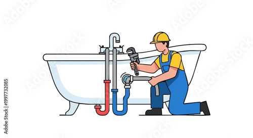 Plumber in uniform connecting bathtub water pipes. Vector illustration of handyman working on plumbing system