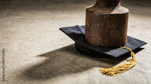 Student loan debt crisis metaphor showing graduation cap crushed under heavy iron weight