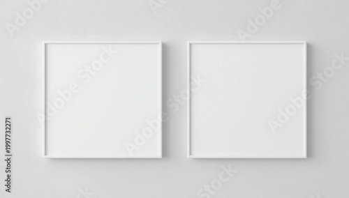 Two square white frame mock up on white wall. 3d illustration
