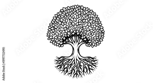 Stylized tree illustration with strong roots and lush foliage, black and white graphic design element, nature and growth symbol