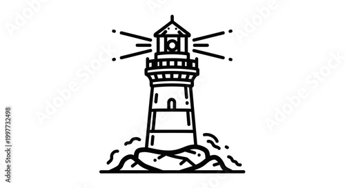 Lighthouse line art illustration on rocky shore with radiating light rays. Nautical navigation beacon for safe maritime travel.