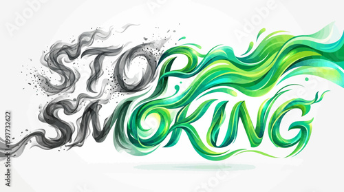 Conceptual Stop Smoking Vector Illustration with Smoke and Green Waves
