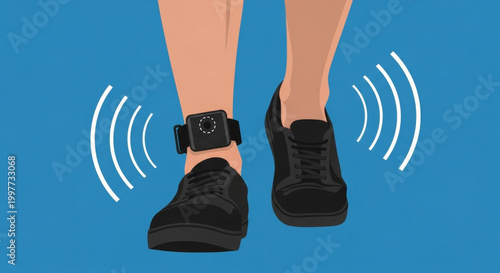 Ankle monitoring device on person walking with black shoes and blue background