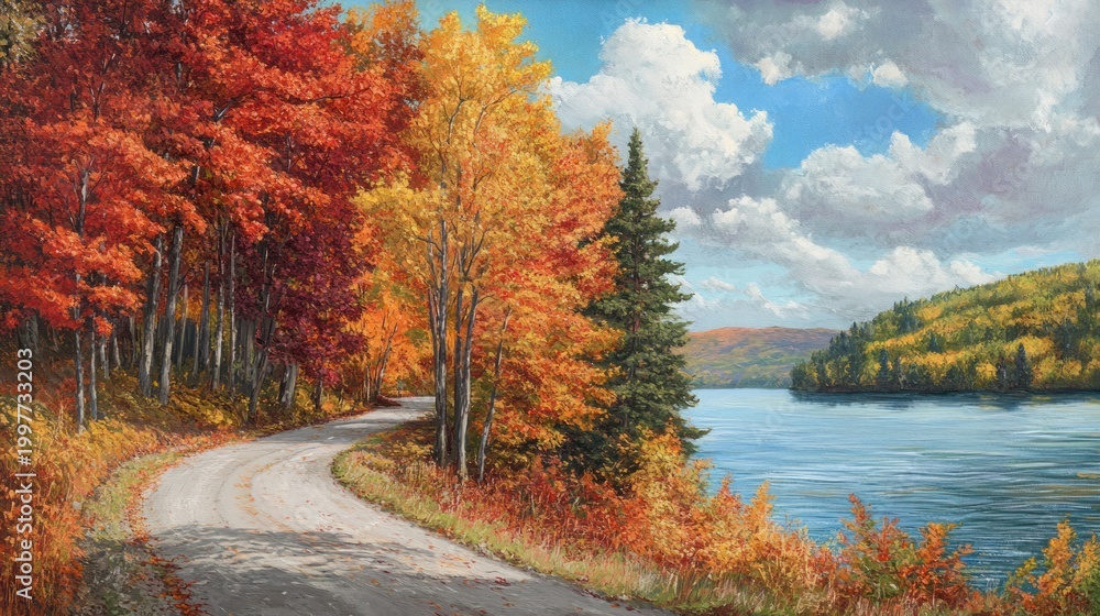 Obraz premium Autumn road winds along a lake shore