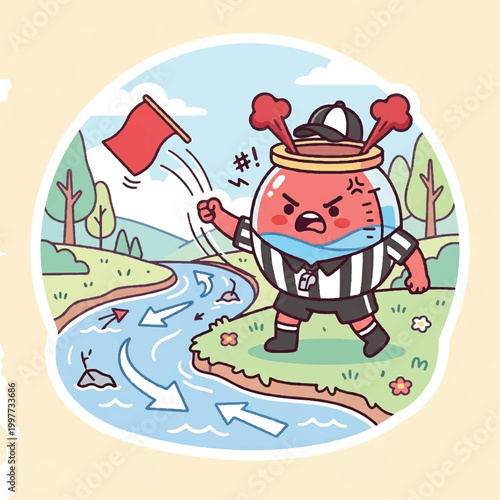Angry referee jar character throwing red flag.