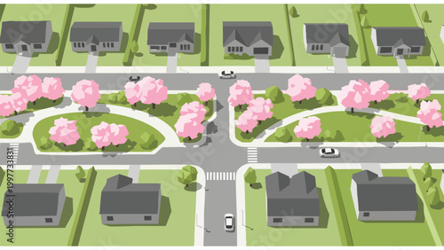 Suburban Neighborhood Aerial View with Houses, Streets, and Cherry Blossom Trees