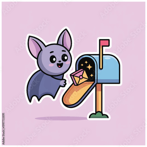 Cute Bat Delivering Mail to a Mailbox.