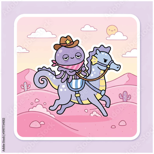 Cute cartoon octopus cowboy riding a seahorse in desert landscape.