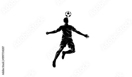 Soccer player mid-air heading ball vector silhouette in bold graphic style for sports and athletic illustrations