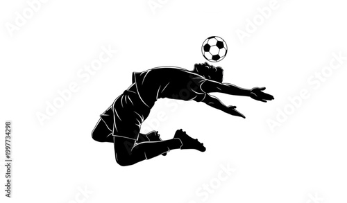 Minimalist vector silhouette of soccer player heading ball in mid-air for sports, athletic, and dynamic illustrations