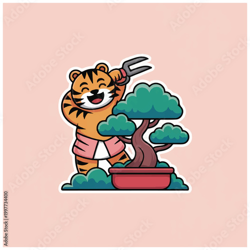 Happy tiger character pruning a bonsai tree with large shears.