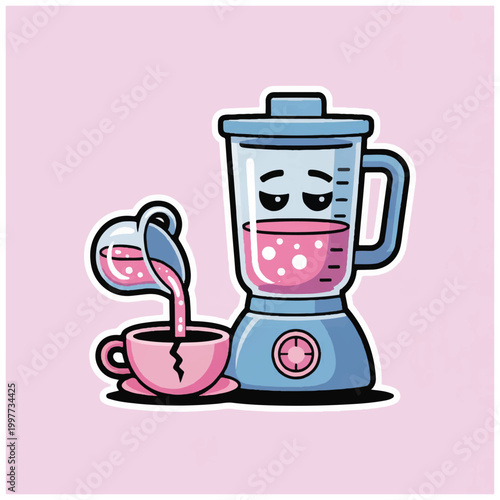 Sad Blender Pouring Pink Liquid Into Cracked Coffee Cup.