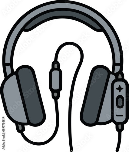 A close-up illustration of a pair of over-ear headphones with a wire and inline remote control, perfect for audio enthusiasts and music lovers