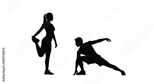 Silhouettes of a man and woman stretching