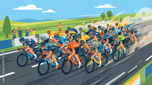An energetic flat design illustration depicting a professional cycling peloton in a dynamic full sprint, emphasizing speed and competitive action. The composition highlights synchronized movement