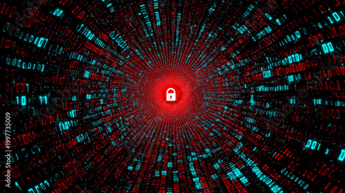 A glowing red padlock at the epicenter of a swirling digital data vortex symbolizes robust cybersecurity and protection.