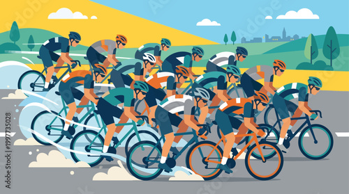 An energetic flat design illustration depicting a professional cycling peloton in a dynamic full sprint, emphasizing speed and competitive action. The composition highlights synchronized movement