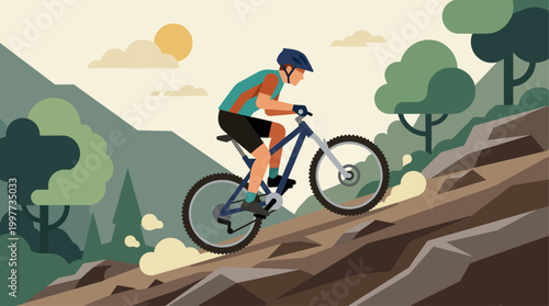 This flat design illustration showcases a mountain biker tackling a rugged off-road trail during a race, emphasizing the challenge of the terrain.