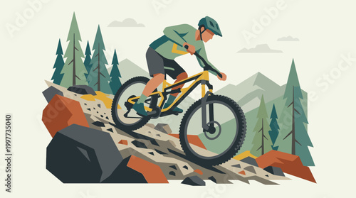 This flat design illustration showcases a mountain biker tackling a rugged off-road trail during a race, emphasizing the challenge of the terrain.